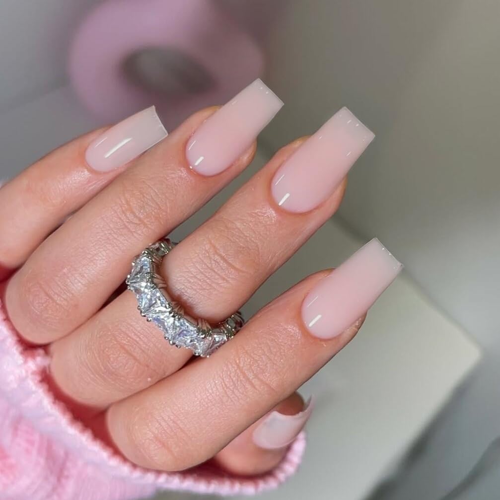 KQueenest Pastel Pink Press on Nails Long Medium Square, Dusty Pink Fake Nails Medium Coffin, Glossy Sheer Color Acrylic Nails Press ons, Reusable Soft Gel Glue on Nails for Women Summer