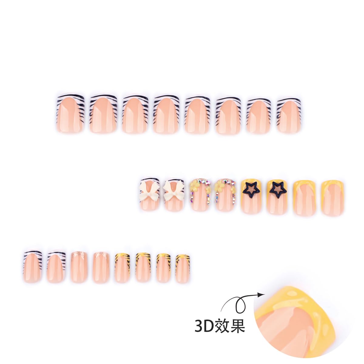 Medium Square Press on Nails, French Tip Fake Nails with Zebra Print & 3D Bow Star Rhinestone Designs Acrylic Nails Press ons Glossy Full Cover Glue on Nail for Women, Summer Manicure, 24Pcs