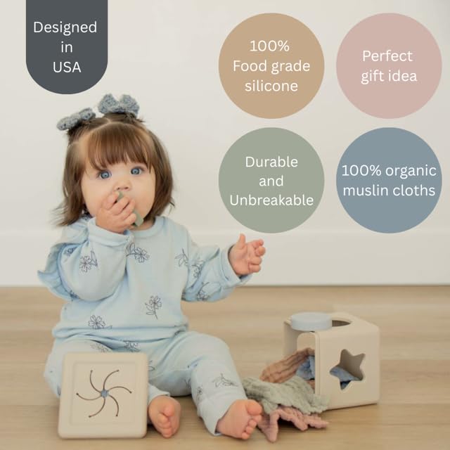Brooklyn Neutral Silicone Shape Sorter & Tissue Box Toy with Organic Muslin Cotton Cloths - Baby Toys for Development - Montessori Learning Toys for 1 Year Old-Educational Non-Toxic Toy