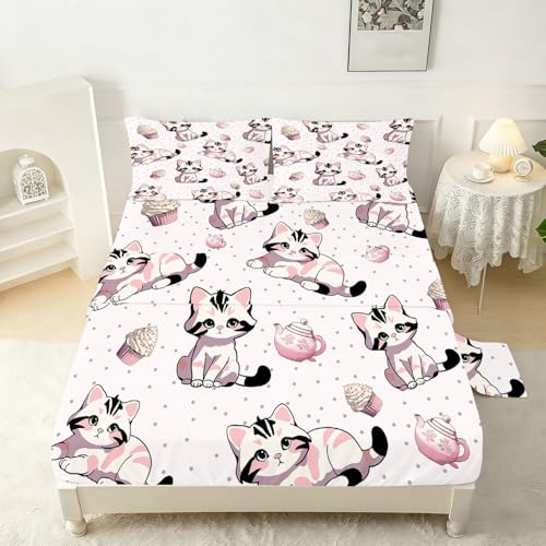 Girls Pink Fitted Sheet Set Twin Size Cute Cat Sheet Set Kawaii Kids Sheet Soft Microfiber 3-Piece Sheet Set Twin Bedspread 1 Fitted Sheet+1 Flat Sheet+1 Pillowcase Cartoon Bedding Set - color: Pink-cat, size: Twin