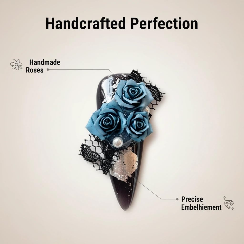 10pcs Handmade Press on Nails Long Stiletto False Nails Black Fake Nails with 3D Blue Flower Rhinestones Bow Designs Sparkly Charm luxury Artificial Nails Reusable for Women (Size M）