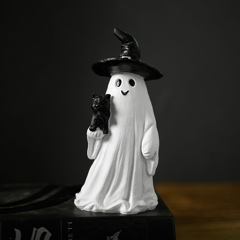 HARUHI Adorable Spooky Ghost Statue Figurine Cute Halloween Decor for Desk Shelf Home & Garden Decoration（Ghost with Cat）
