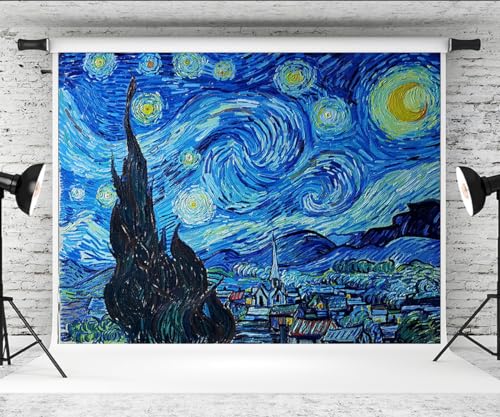 5x4ft Van Gogh Starry Sky Backdrop Abstract Stars Wall Oil Painting Photography Background Van Gogh Aesthetic Artwork for Wallpaper Decoration Birthday Party Baby Shower Wedding Photo Studio Props - size: 5x4ft