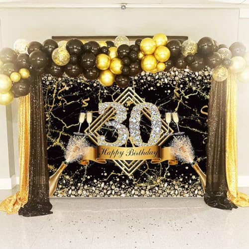 Sensfun Black Gold 30th Birthday Backdrop 30 Years Old Happy Birthday Decorations Banner for Women Diamond Thirty Birthday Party Suppiles Marble Champagne Photography Background Photoshoot Prop 7x5ft - size: 7x5ft