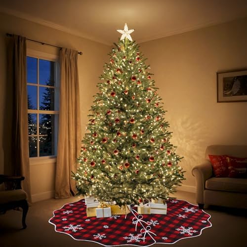 OurWarm Christmas Tree Skirt 60 Inches, Buffalo Plaid Red Tree Skirt for 7 ft Tree or 9ft Tree, Double Sided Burlap Tree Skirt Snowflake Xmas Tree Skirts for Winter Rustic Boho Farmhouse Tree Decor