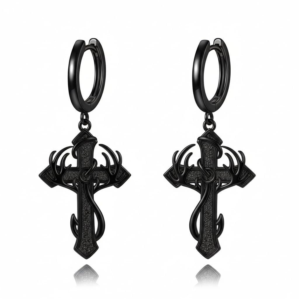 Fish Hook Cross Earrings for Men Women Sterling Silver Hunting Cross Dangle Earrings Religious Jewelry Gifts