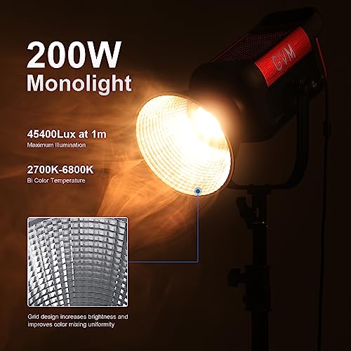 GVM 200W LED Video Light, 2700K-6800K Continuous Output Lighting LED COB Light with DMX/Bluetooth App Control, YouTube Studio Light for Film Recording Photography, CRI 97+ - size: 200W