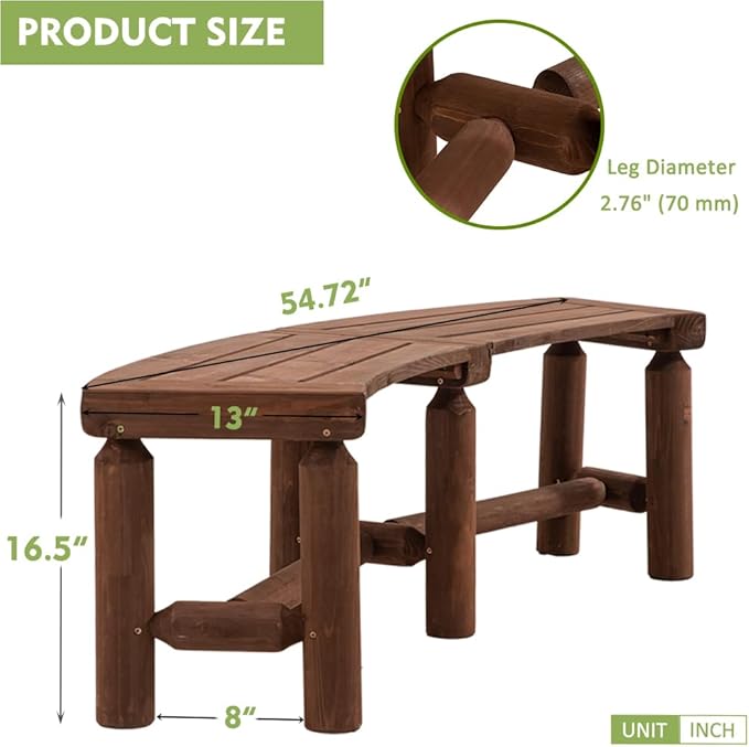 FORTUNO Outdoor Wooden Curved Backless Porch Bench Rustic Style Cedar/Fir Wood Log Fire Pit Bench for Patio Garden Deck and Backyard, 40"-54.7" W×13" D×16.5" H, Mocha