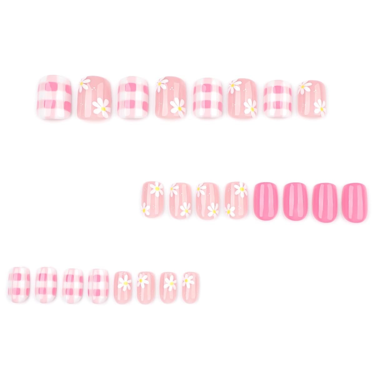 Spring Summer Pink Press on Nails witn Flower & Checkered Design - Short Square Fake Nails Full Cover Glossy Stick on Nails for Women 24PCS