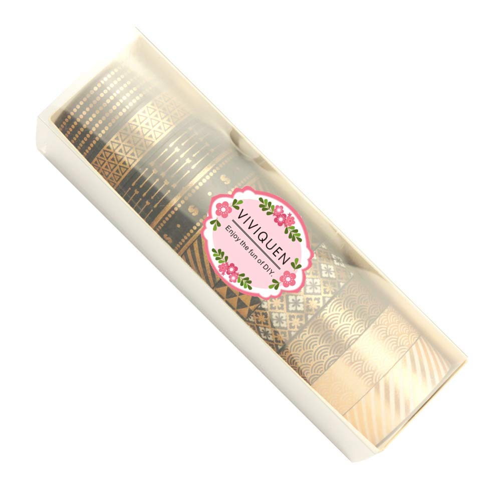 VIVIQUEN Gold Washi Tape Set 15MM Foil Skinny Masking Tape Decorative Pack for DIY Scrapbooking, Crafts, Gift Wrapping, Holiday Decoration (Black Basic Pattern 10 Rolls)