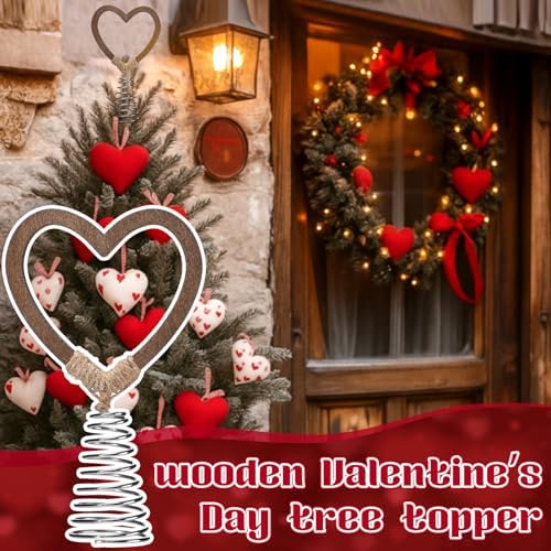 Gejoy 5.5 Inch Mini Wood Valentine's Tree Topper Natural Heart Tree Topper, Farmhouse Rustic Wooden Heart Ornaments for Valentines Day Decoration Couple Gifts
