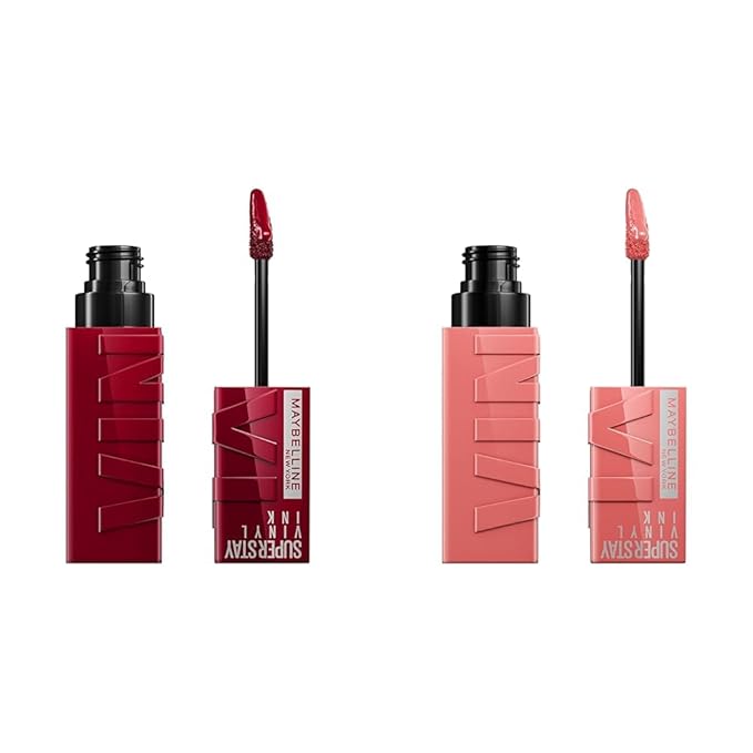 MAYBELLINE Super Stay Vinyl Ink Longwear No-Budge Liquid Lipcolor Makeup, Royal Deep Wine Red and Charmed Pink, 0.14 fl oz, 1 Count
