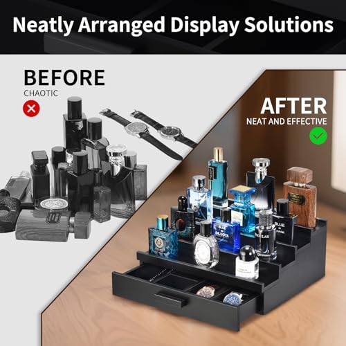 Perfume Organizer for Men, 4 Tier Wood Perfume Display Stand with Velvet Lining Drawer and Hidden Compartment for Watch,Jewelry,Perfume Display Risers,A Gift for Men (Black) - style: 4 Tier - Black