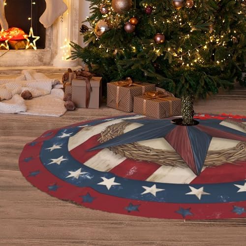 4th of July Patriotic Christmas Tree Skirt 36 Inch Xmas Tree Mat Party Decor Supplies for Holiday Home Decorations