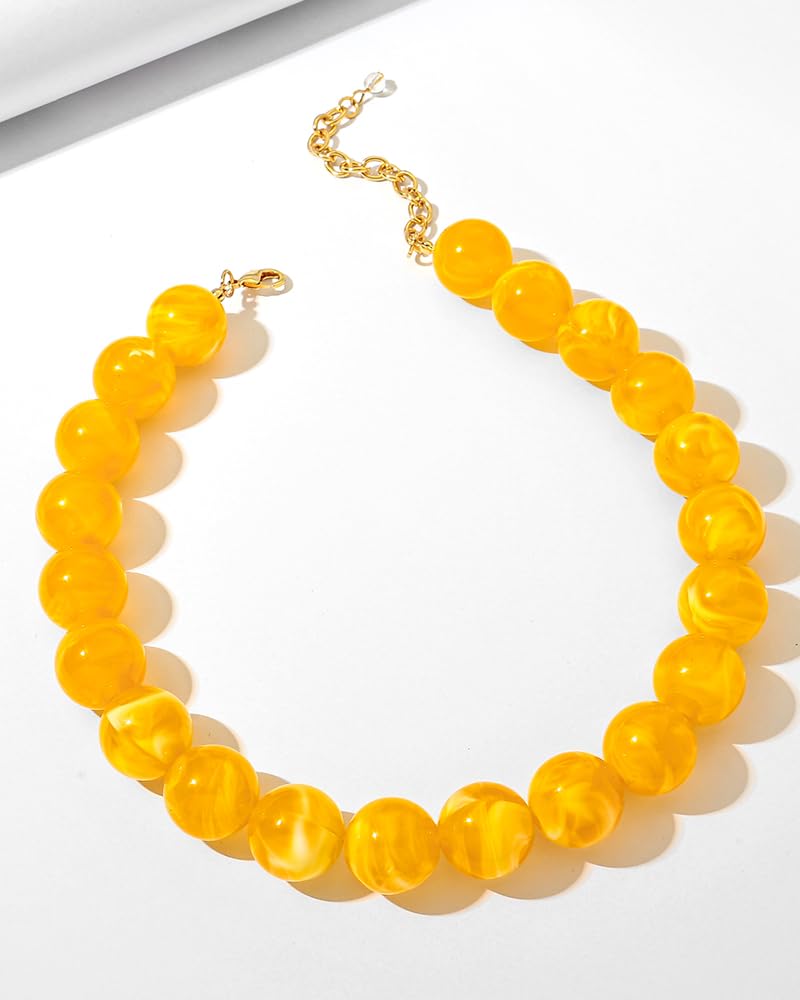 FAUTHENTICUTE Swirled Yellow Beaded Necklace for Women Chunky Resin Bead Strand Necklace Boho Yellow Polished Round Beads Statement Collar Summer Beach Jewelry Gifts