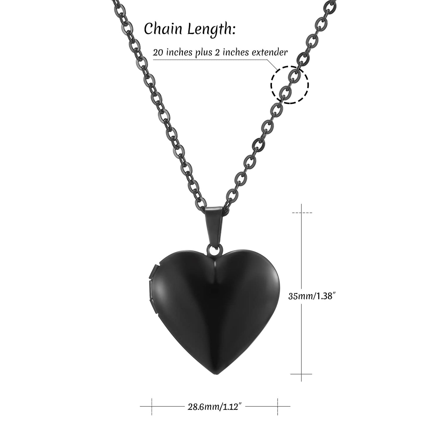 PHOCKSIN Black Glossy Personalized Heart Locket Necklace Custom Photo Locket Necklace for Women Picture Locket Pendant Necklace Text & Symbols Engraved Customized Lockets for Women