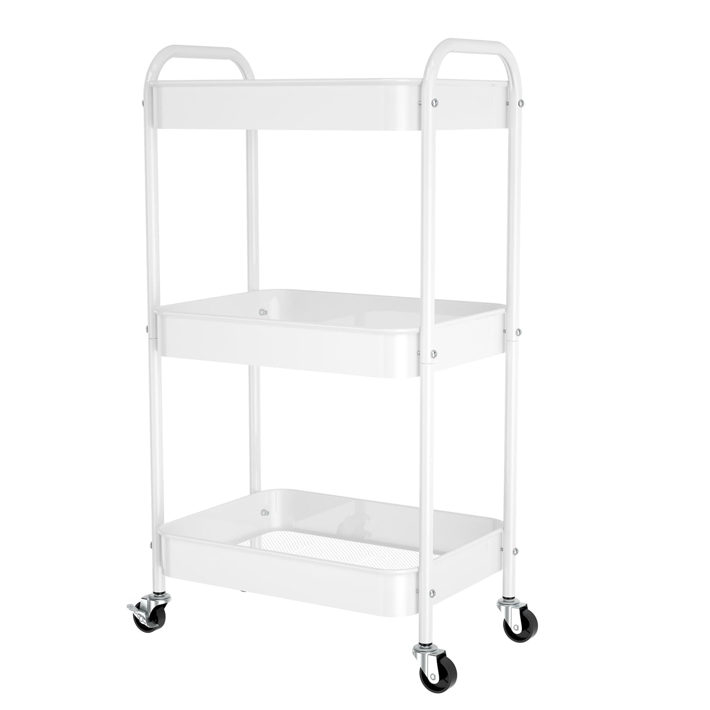 PNVXNUS 3-Tier Rolling Metal Storage Cart with Wheels, Multi-Functional Organizer for Office, Kitchen, Bathroom, Books Diapers - Easy Assembly (White)