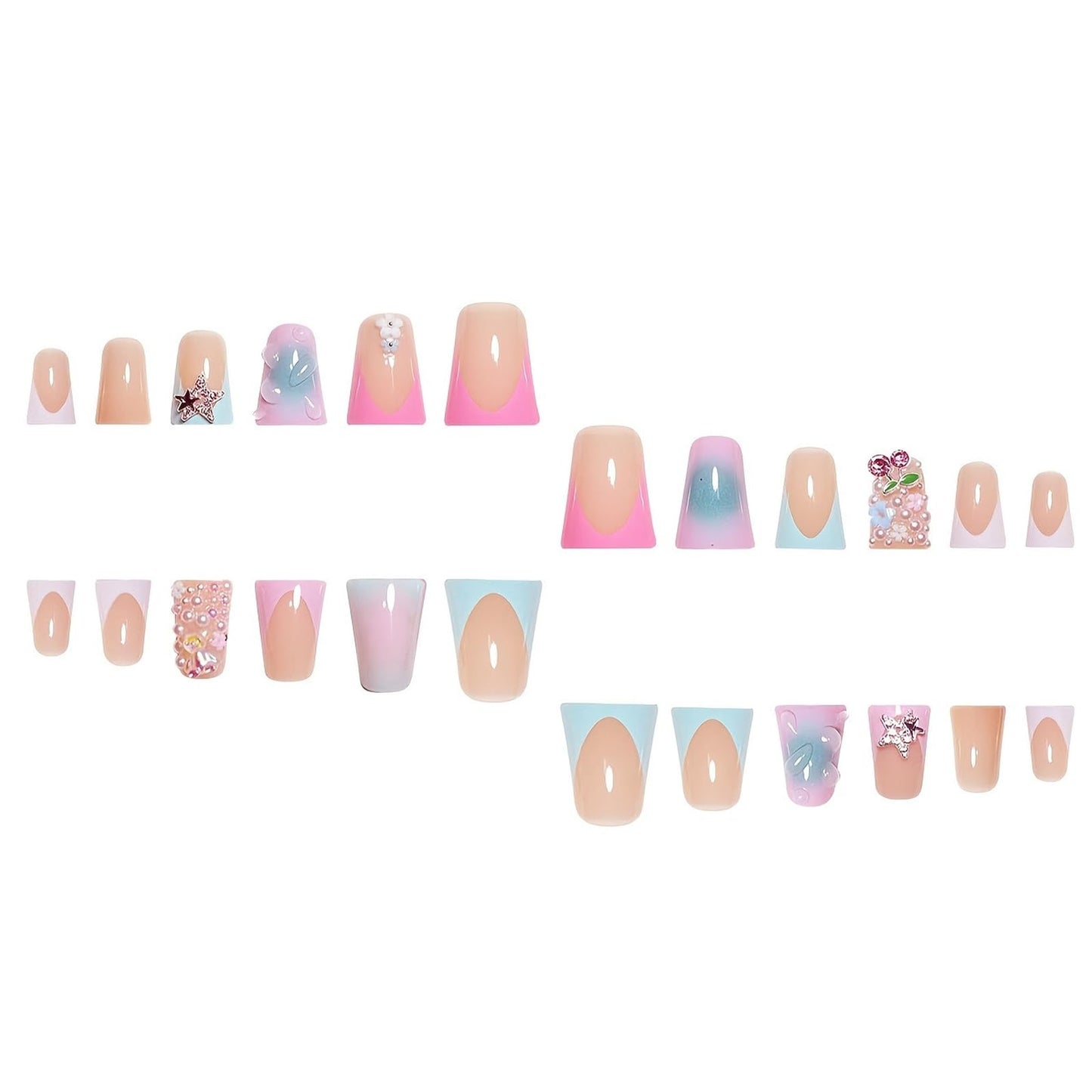 IMRAIN Duck Press on Nails - Rhinestone, Cute Bear, Star | Medium Blue Pink Ombre Fake Nails with Duckbill Designs Full Cover Acrylic False Nails Y2K Duck Feet Glossy Glue on Nails