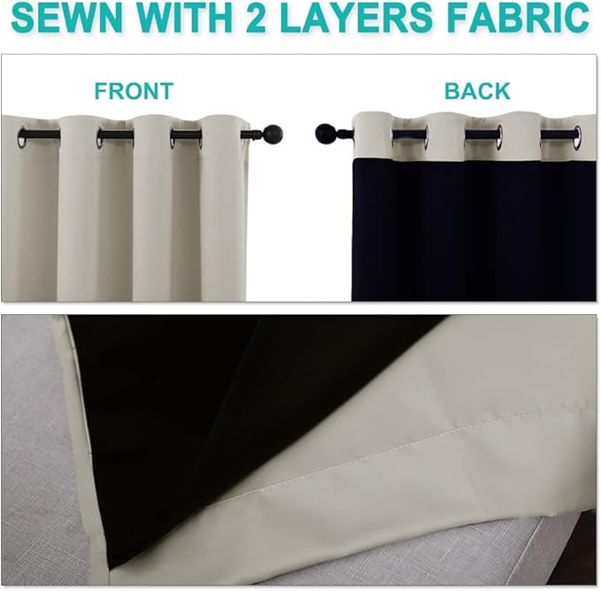 NICETOWN Natural 100% Blackout Curtains 45 inches Long, 2 Thick Layers Completely Blackout Window Treatment Thermal Insulated Lined Drapes for Small Window (1 Pair, 52 inches Width Each Panel)