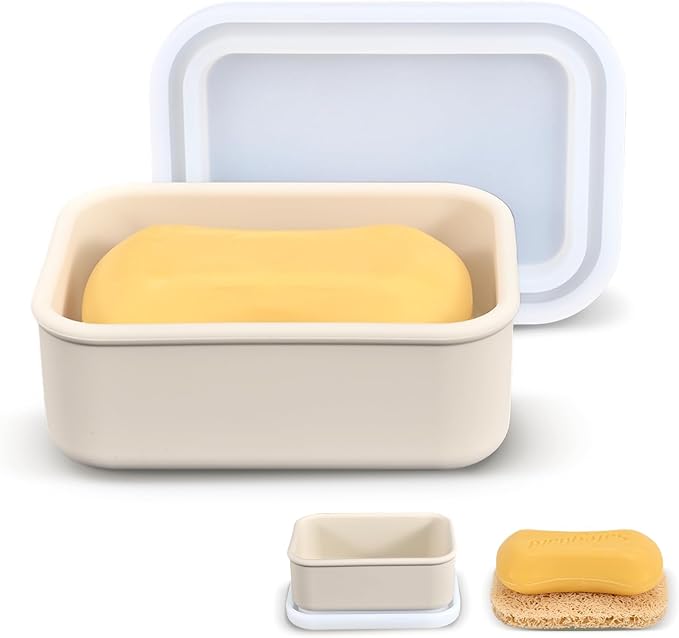 Beige Self-Draining Soap Lift Dish - Travel Soap Case with Bar Holder & Saver