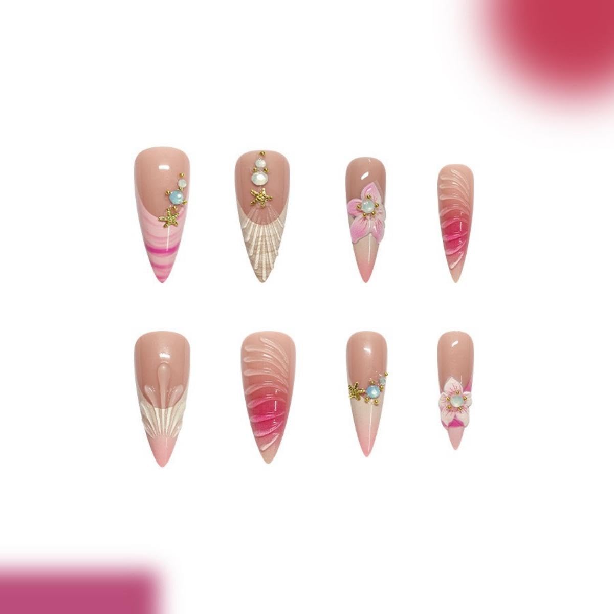 Press on Nails Long Stiletto Fake Nails with 5D Embossed Flower Design Seashell Ombre French Tips Glue on Nails Spring Summer Nail Reusable Full Cover for Women Manicure 24Pcs