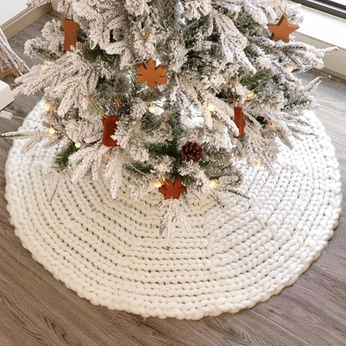 48 inch Christmas Tree Skirt: Chunky Knit Tree Skirt for 7.5ft Tree, Crochet Cream White Tree Skirt, Vintage Tree Skirts, Rustic Farmhouse Christmas Decorations