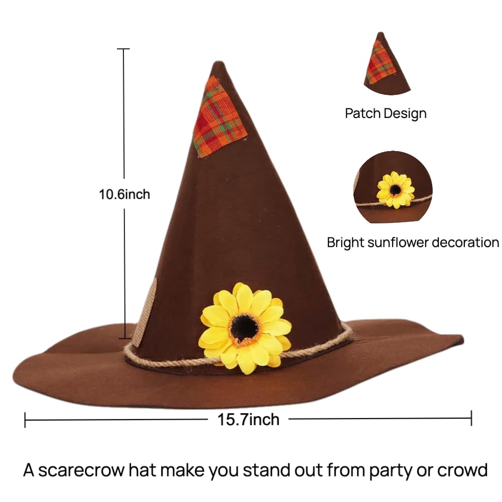 Lunaryvo Scarecrow Costume, Scarecrow Hat Raffia Straw Kit Face Decals Sunflower Patchwork Halloween Harvest Accessories (Brown-13pcs)