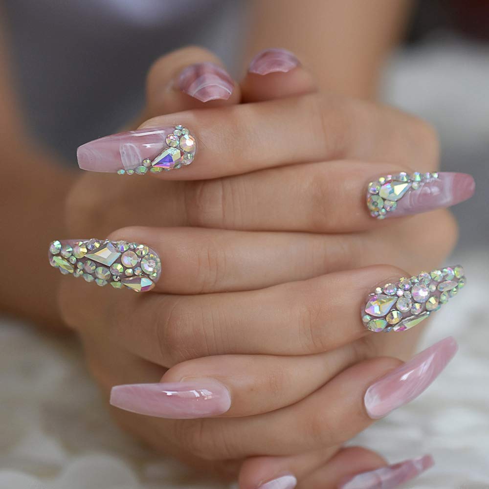 Marble Faux Ongles Large Pink Stones Pre-designed Luxurynails Extra Long Coffin Shape Ladies Party Wedding Decoration Accessories