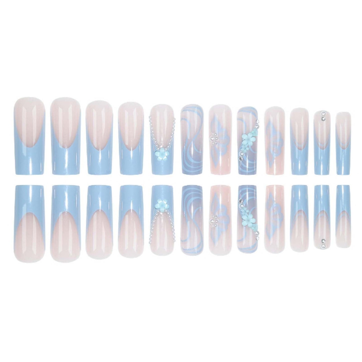 YoYoee Long Square False Nails 3D Daisy Pearls Nails Tips Gradient Blue Press on Nails French Fake Nails for Women and Girls 24PCS