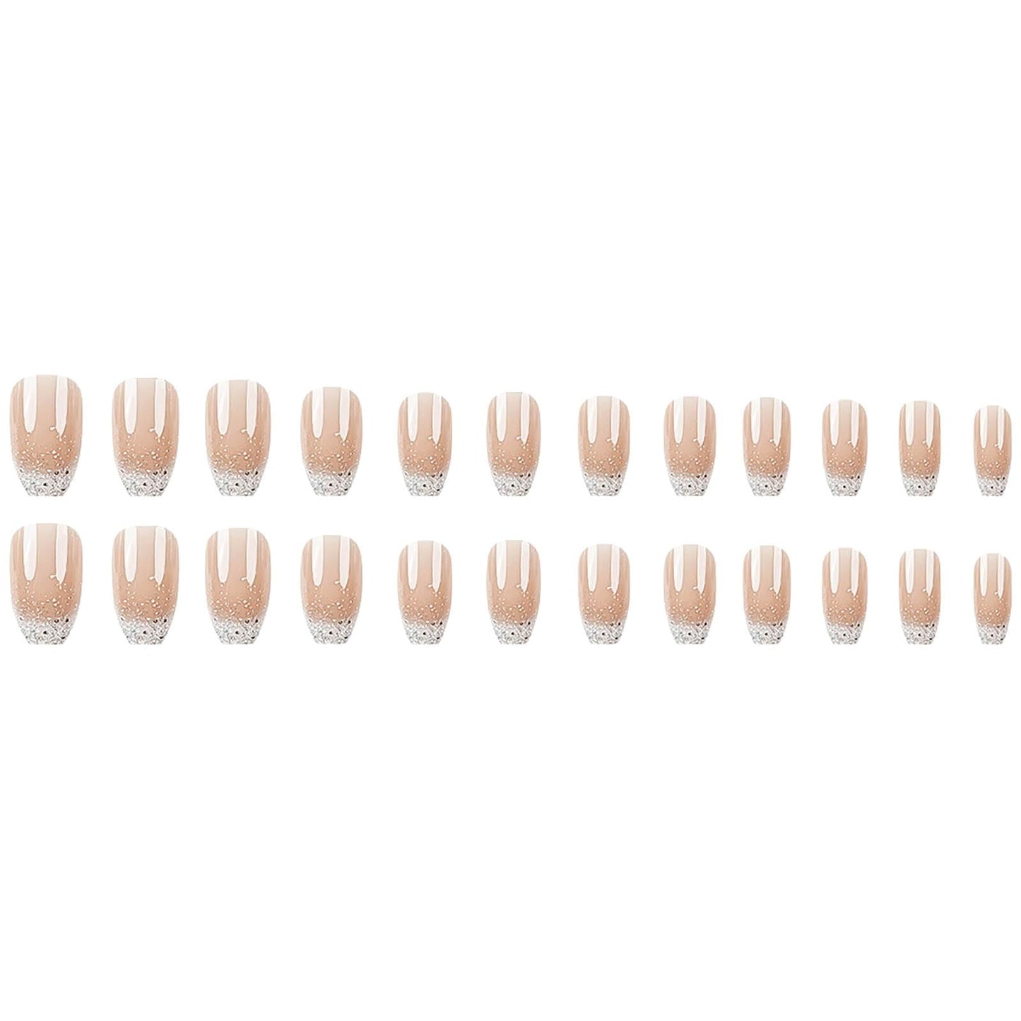 RUOKEXIN Coffin Press On Nails Medium Ballet Shaped White Ombre False Glue-on Nails - 24pcs with Glitter Designs