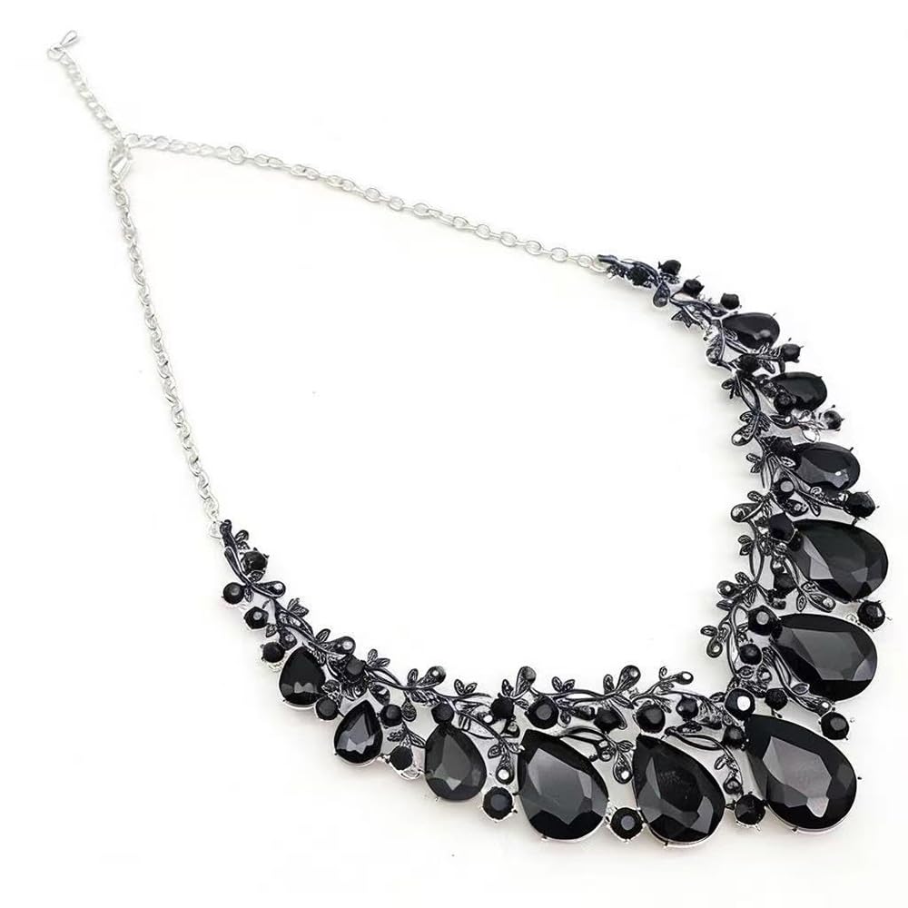 Qlavoca Vintage Crystal Teardrop Necklace Earrings Set - Gothic Statement Jewelry for Wedding Bridal Prom Party (Black Silver-Tone)