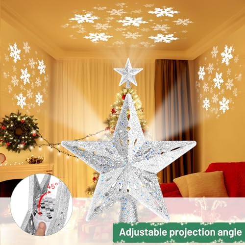 Mrrihand Christmas Tree Topper Lighted with 6 Projection Modes, Christmas Star Tree Topper Built-in LED Rotating Lights, Silver 3D Glitter Dynamic Projection for Christmas Tree Decorations