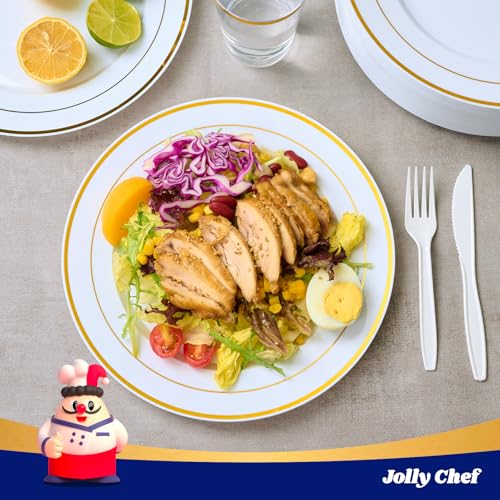 JOLLY CHEF 200 Pieces Gold Plastic Plates, 10 Inch Elegan Disposable Plates White Plate with Gold Rim,Plastic Plates for Christmas、Birthdays and Weddings - style: Gold-200