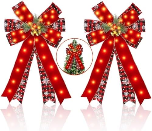2 Pcs LED Large Red Christmas Bows Decorations, 20” X 12” Red Bow Linen Wreath with Bow Bells, Berry, Pine Cones for Christmas Tree Topper Outdoor Indoor Home Front Door Decor, 40 Warm Lights