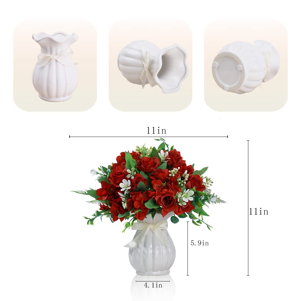 LESING Artificial Rose Silk Hydrangea Flowers Bouquets with Vase Rustic Fake Flowers for Home Decoration Table Centerpiece(Claret Red)