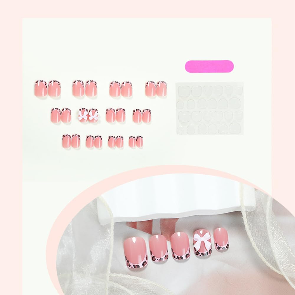 24Pcs Square Press on Nails Short French Tip Fake Nails with Glue Pink Leopard Print Bow False Nails Design Glossy Holiday Cute Acrylic Reusable Stick on Nails for Women Nail Decor
