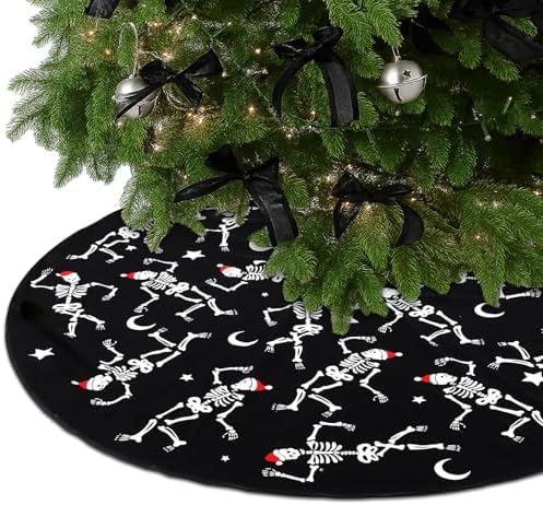 Gothic Christmas Tree Skirt, 36 Inch Dancing Skeletons Black White