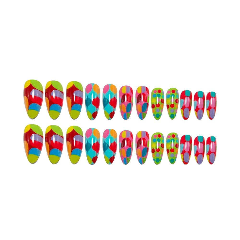 plalely Almond Press on Nails Medium Gradient Fake Nail Big Colorful Polka Dot Acrylic Nail Press ons Stick on Nail for Women 24pcs
