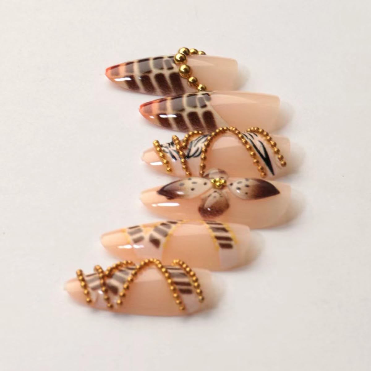 Medium Almond Press on Nails Brown Fake Nails 3D Flower False Nails Crocodile Zebra with Gold Beads Design Full Cover Glossy Glue on Nails for Women 24PCS