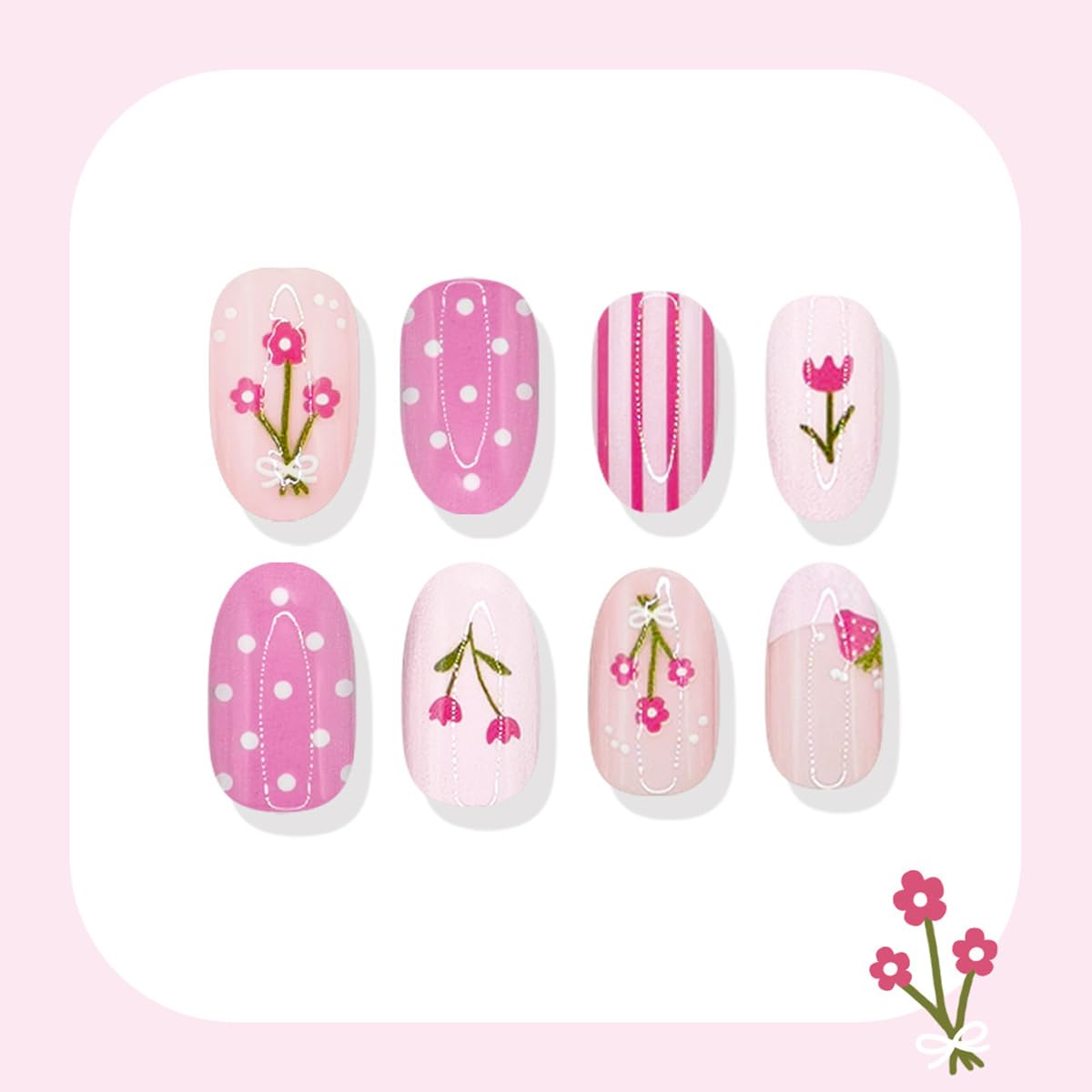 Pink Press on Nails Short Oval Fake Nails Spring Summer False Nails Press ons with Flower Design, Cute Nails Reusable Full Cover Glue on Nails for Women Girls, Manicure Kit 24Pcs