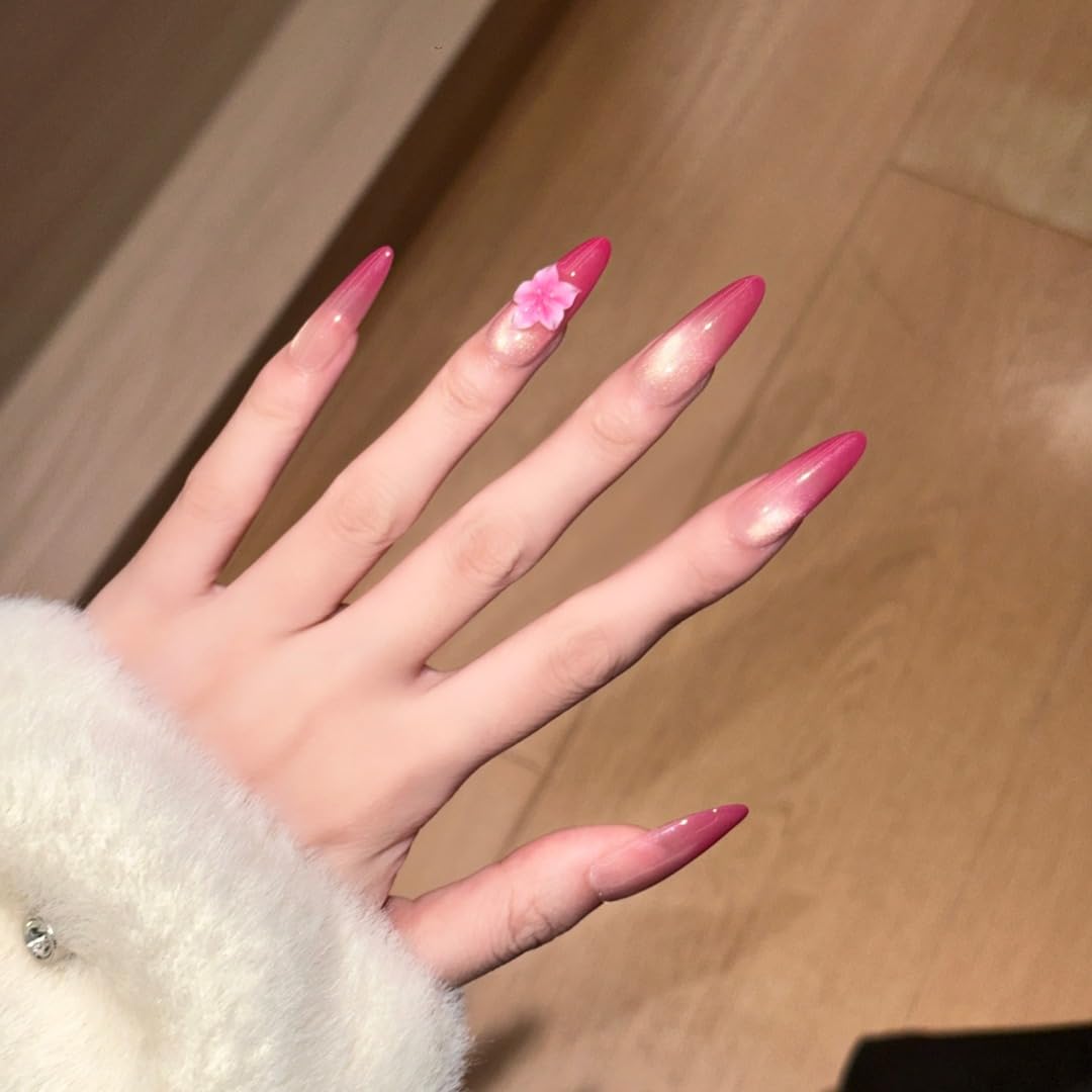 Romantic Pink Ombre Press On Nails, 3D Floral Embellished Long Almond Fake Nails, Reusable Manicure Set (L)