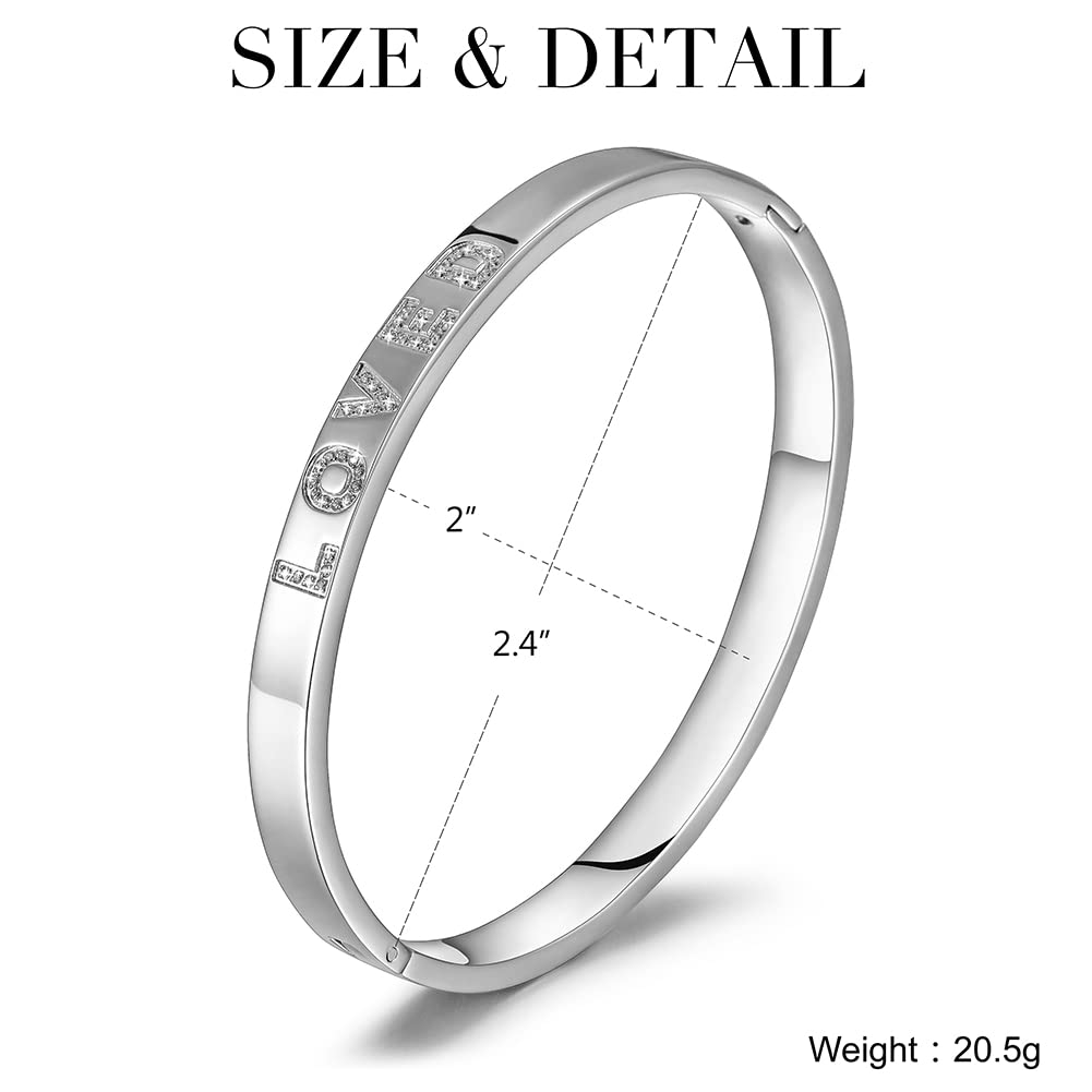 WISTIC Gold Plated Bangle Bracelet for Women, Silver Engraved Letter Cuff Bracelet with CZ, Fits 6.0–7.0 Inch Wrist, 2.4in Inner Dia., Rose Gold Stainless Steel Hinged Bangle Jewelry, LOVED, Silver