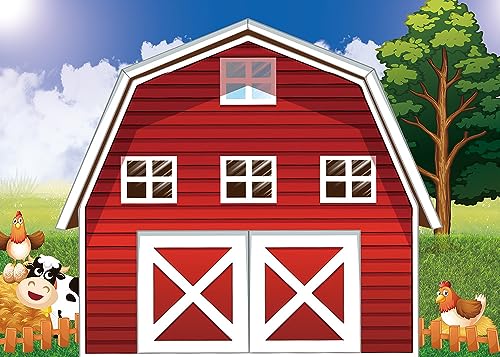 Cartoon Farm Photography Backdrop 8x6ft Animals Rustic Farmhouse Red Barn Photo Background for Kids Birthday Party Decoration Barnyard Baby Shower Newborn Photobooth Banner - size: 8x6 FT