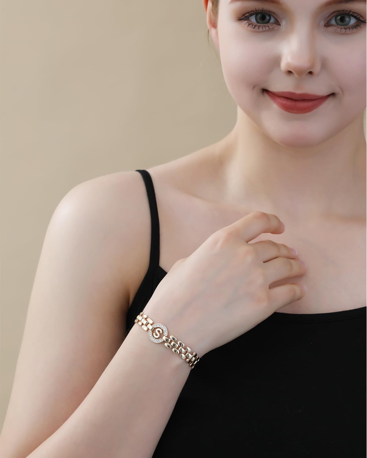 WEDDINEN Initial Bracelet - 14K Gold Plated Letter Bracelet Thick Bangle Wrist Jewelry for Women - Initial S Charm Chain