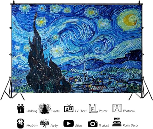 7x5ft Van Gogh Starry Sky Backdrop Abstract Stars Wall Oil Painting Photography Background Van Gogh Aesthetic Artwork for Wallpaper Decoration Birthday Party Baby Shower Wedding Photo Studio Props - size: 7x5ft