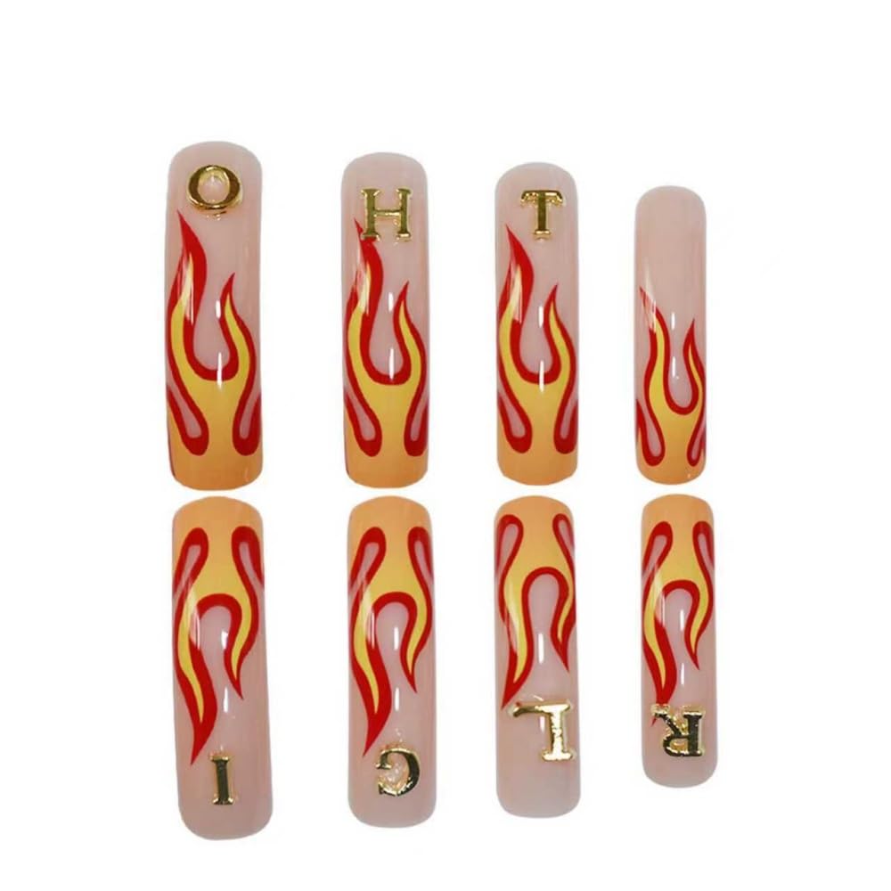 48Pcs Curved Press on Nails Orange Red Flame Press on Toenails Long Fake Nails with 5D Letters Charm Design Glossy Rhinestones Fake Toenails Glossy Full Cover Nails Press on Set for Women Manicure