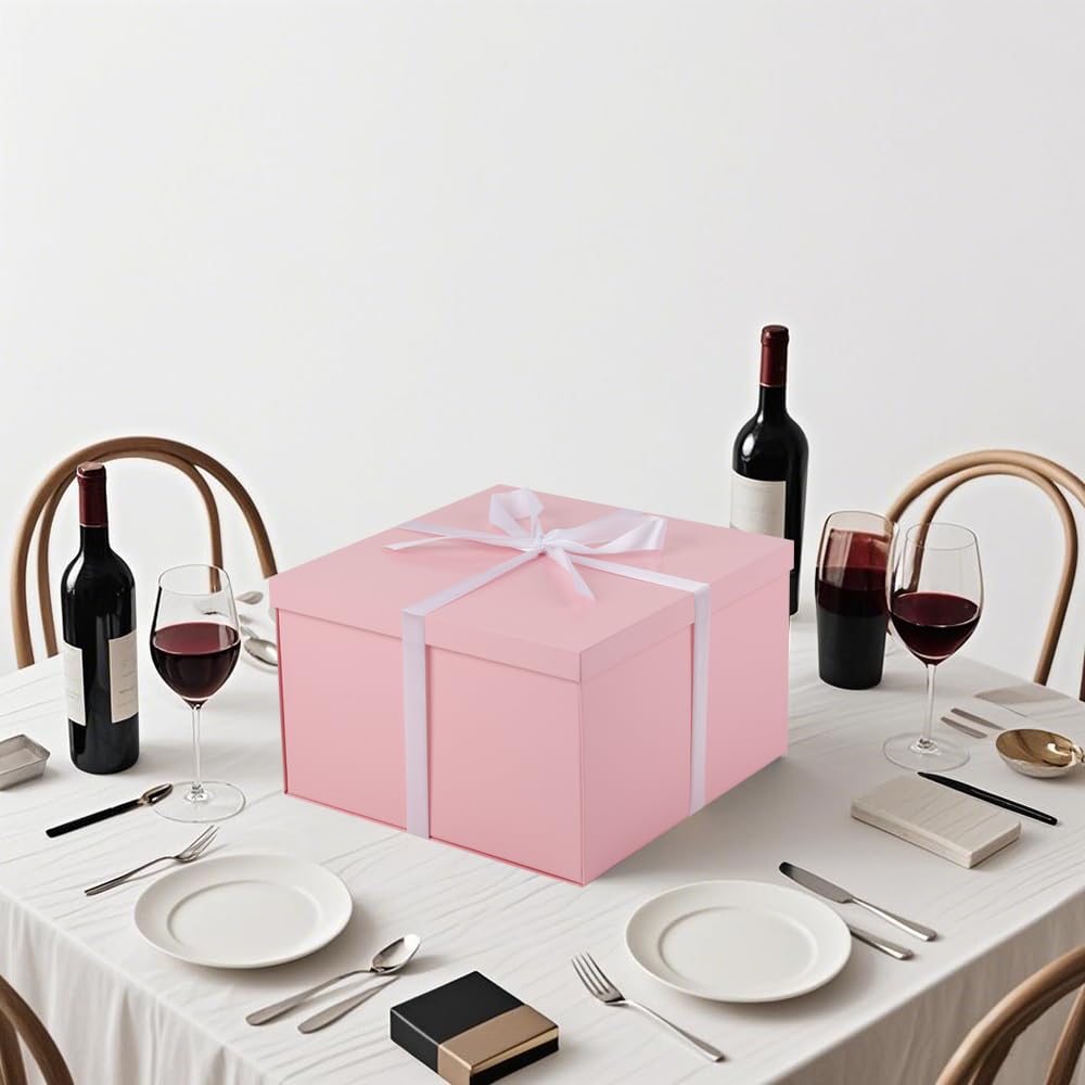 UoeRing 1Pcs Pink Extra Large gift box with lids 13×13×7 Inches gift boxes for presents,Birthday Box (include Ribbon, Paper Shred Filler Gift Card & Envelopes)