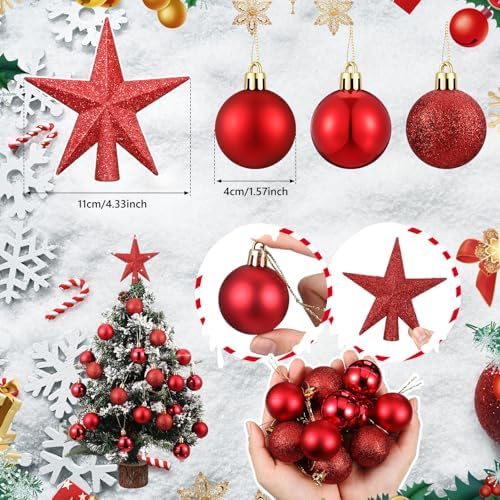 RoundFunny 25 Pcs Mini Christmas Balls Ornaments Set 1.57 Inch Christmas Day Ball Topper Star Tree Hanging Ornaments for Party Decoration(Red)