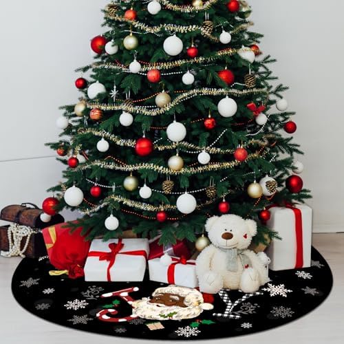 Tiamon Christmas Tree Skirt 48 Inch Black Santa Tree Skirt African American Xmas Tree Mat Decor Snowflake Joy Santa Claus Tree Decor for Winter Holiday Christmas Tree Decoration Supplies (Black)