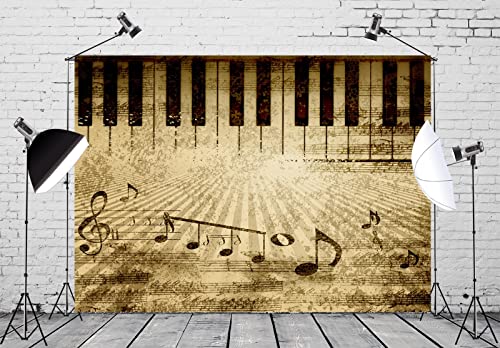 BELECO 8x6ft Fabric Retro Music Piano Backdrop Grunge Piano Keyboard Music Symbol Music Notation Old Music Sheet Photography Background Music Theme Party Decorations Photo Booth Studio Props
